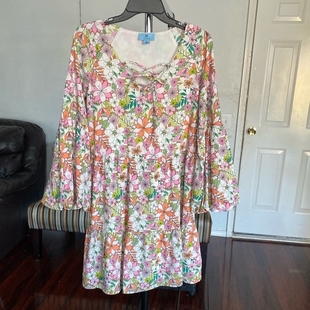 CeCe Floral Printed Lace-Up Tiered Dress S XS Balloon Sleeve Lined boho  W-21 - Picture 1 of 8